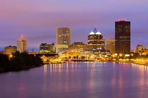 The Rochester skyline over the Genesee River at night